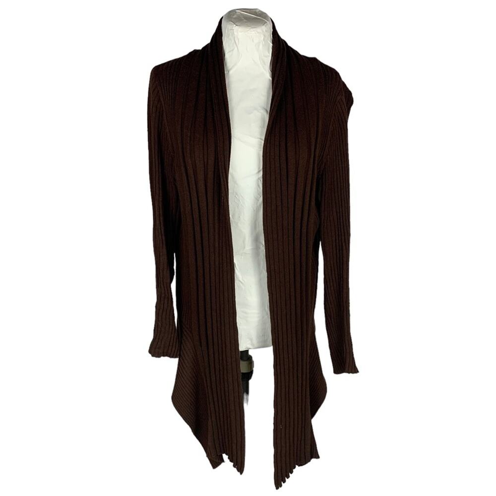 Open Knit Cardigan Sweater Womens XL Brown  Ribbed Asymmetric Boho Y2K Witchy